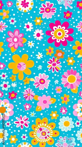 Colorful Floral Pattern on Turquoise Background © PLATİNUM