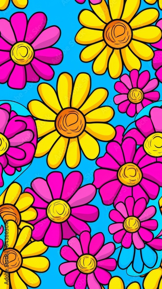 Fototapeta premium Colorful Daisy Flower Pattern on Blue Background