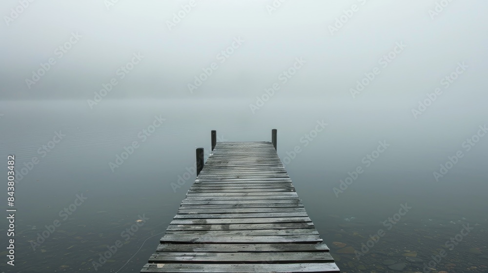 Naklejka premium Extending jetty onto the foggy lake