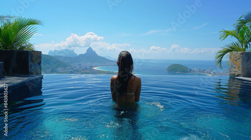The image presents an infinity pool without boundaries. In the middle of the pool, a young girl is standing with her head above water, looking at the distant scenery