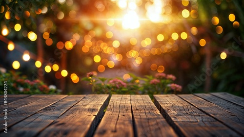 Empty wooden table top with a blurred background of a garden and string lights for product display