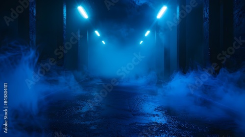 Dark empty street scene neon lights dark blue background