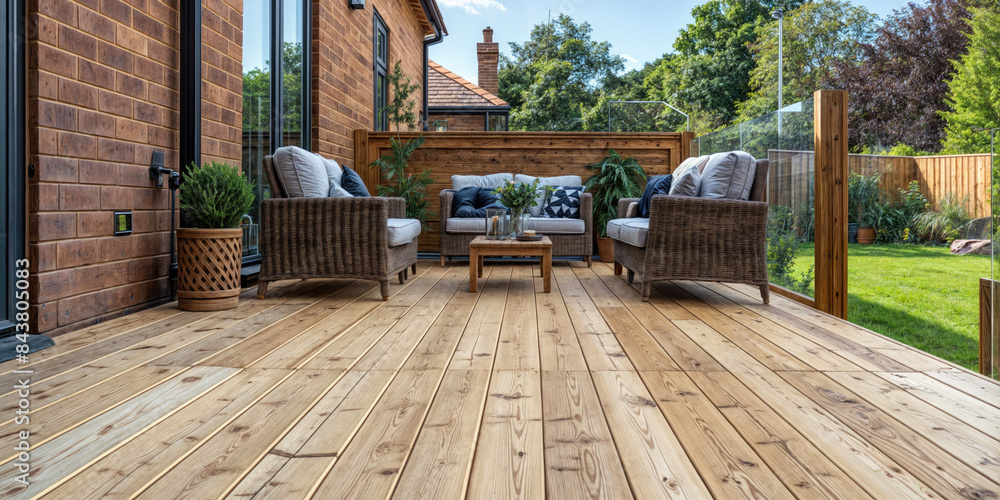 A cozy timber terrace featuring light pine paneling and outdoor furniture. A cozy timber terrace featuring light pine paneling and outdoor furniture.