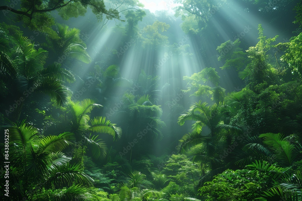 Sunlit Rainforest Canopy: Natural Beauty and Light Beams Sunlit Rainforest Canopy: Natural Beauty and Light Beams