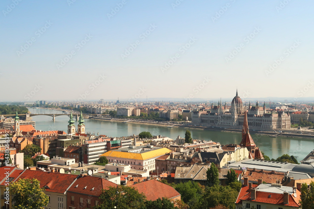 Naklejka premium View from the Fisherman's Bastion onto the Hungarian Parliament Building and the Danube River, Budapest, Hungary