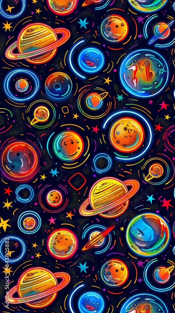 Fototapeta premium Vibrant Neon Planets and Stars Pattern on Black Background