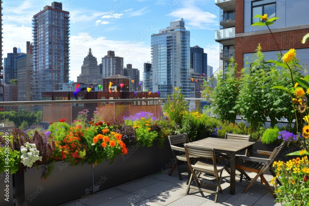 Fototapeta premium Urban Rooftop Garden Oasis with Vertical Planters and Cityscape Background for Relaxation