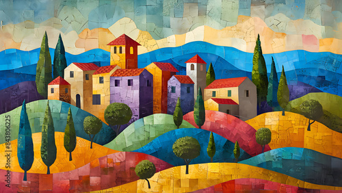 Tuscany Painting - Cubism Art Of Italy, Landscape Painting Of Village, Colorful Town Art, Bold Colors