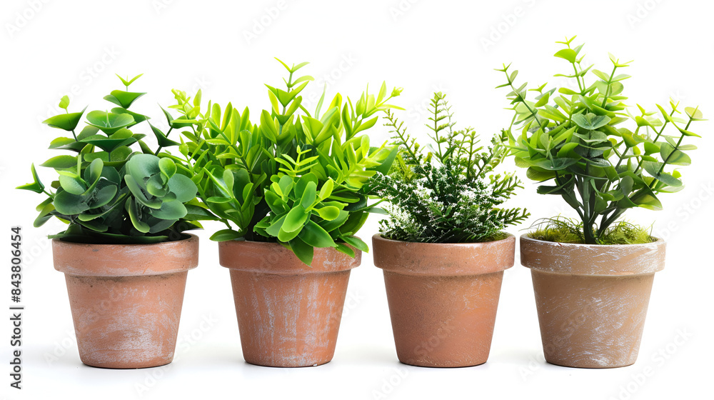 Collection of aromatic herbs in brown flower pot isolated on white background ,Parsley, basil, thyme and rosemary herbs growing in teracotta pots, isolated over white background Collection of aromatic herbs in brown flower pot isolated on white background ,Parsley, basil, thyme and rosemary herbs growing in teracotta pots, isolated over white background