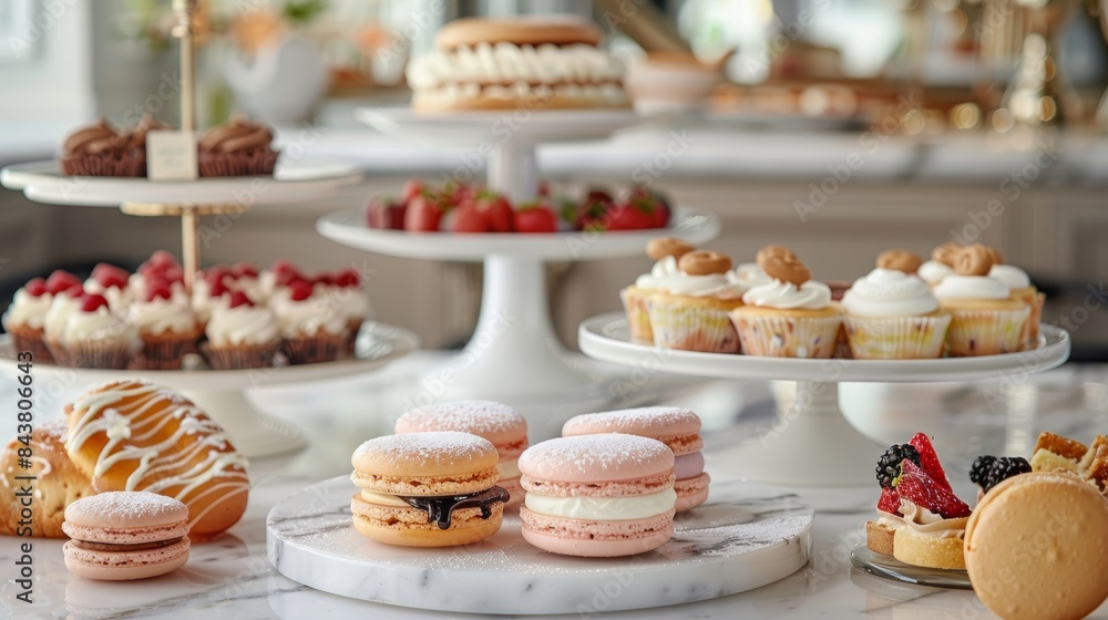 Elegant Bakery Assortment of Macarons, Éclairs, and Tarts on Marble Countertop for Sophisticated Interior Design Elegant Bakery Assortment of Macarons, Éclairs, and Tarts on Marble Countertop for Sophisticated Interior Design