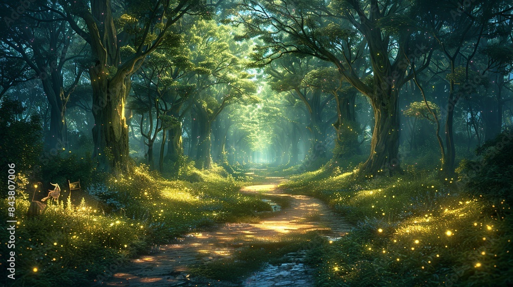 Obraz premium A mystical forest with towering trees whose leaves glow softly in the dark, winding pathways leading to hidden clearings, and magical creatures like fairies and unicorns roaming freely. Clipart
