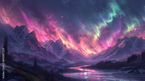 A mystical, hidden valley with a river of liquid light flowing through it, surrounded by lush, glowing vegetation, ancient ruins covered in moss, and a sky filled with swirling, colorful auroras.