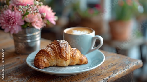 A perfect breakfast of croissant and coffee in a welcoming cafe atmosphere
