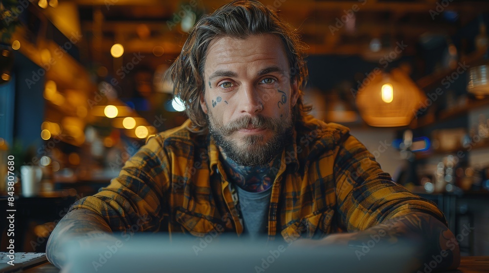 Handsome tattooed man with intense eyes focused on the screen of his laptop Handsome tattooed man with intense eyes focused on the screen of his laptop
