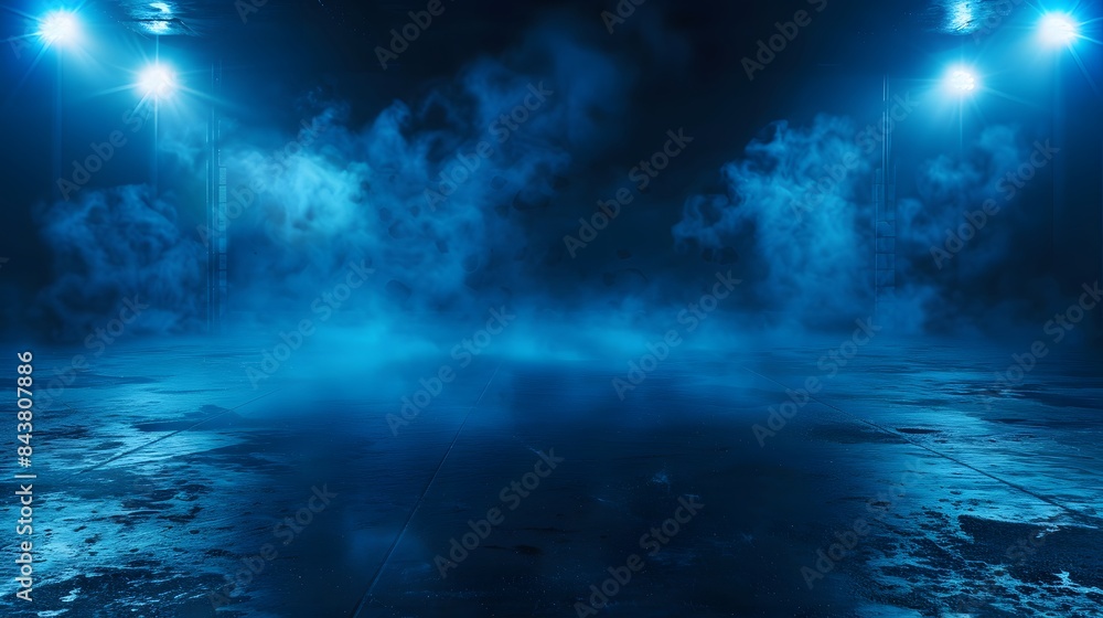 Fototapeta premium Dark empty street scene neon lights dark blue background