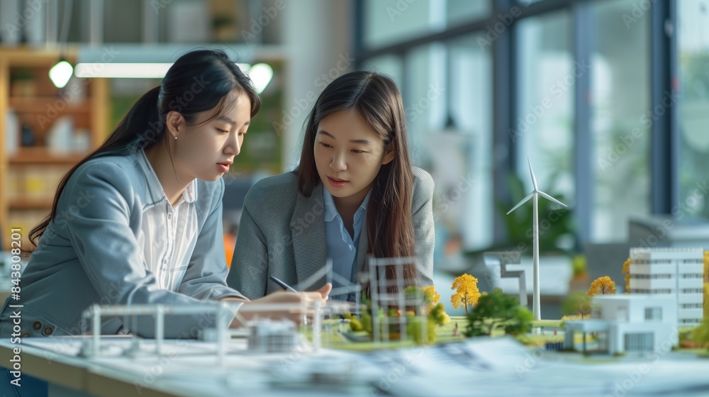A photo of two Asian young women in their late thirties, wearing casual with long sleeves and jackets working together on an energy architectural model at the table inside a modern office space A photo of two Asian young women in their late thirties, wearing casual with long sleeves and jackets working together on an energy architectural model at the table inside a modern office space