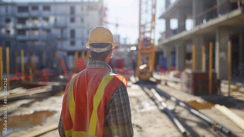 engineer architect with hard hat and safety vest working together in team on major construction site engineer architect with hard hat and safety vest working together in team on major construction site