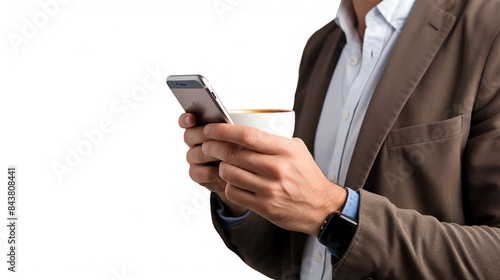 Man using mobile phone with a coffee cup, isolated on white background, multitasking and productive, highresolution, copy space