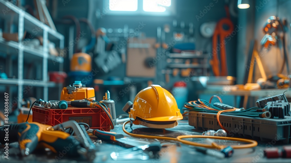 An array of electrical tools and equipment were neatly arranged on the table, including cables, a construction helmet, a light bulb, a tool box with various wires inside, in an empty room. An array of electrical tools and equipment were neatly arranged on the table, including cables, a construction helmet, a light bulb, a tool box with various wires inside, in an empty room.