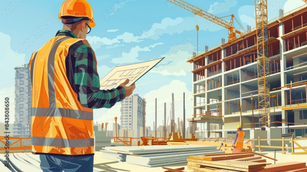 engineer architect with hard hat and safety vest working together in team on major construction site engineer architect with hard hat and safety vest working together in team on major construction site