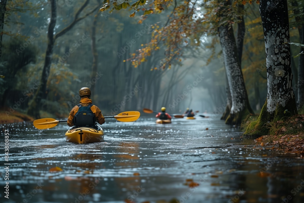 Tranquil River with Kayakers Paddling Downstream Tranquil River with Kayakers Paddling Downstream