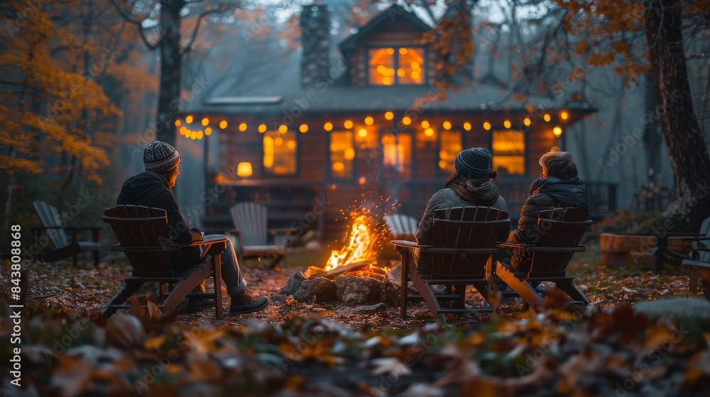 Three people sit by a campfire outside of a quaint, illuminated cabin set amidst autumnal woods in a serene atmosphere Three people sit by a campfire outside of a quaint, illuminated cabin set amidst autumnal woods in a serene atmosphere