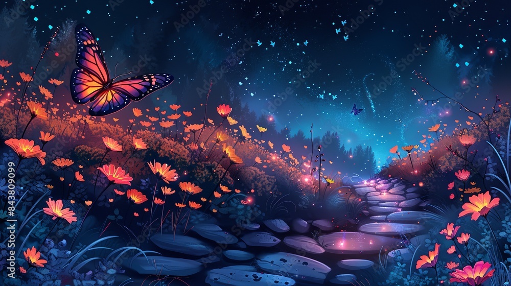 © DARIKA - An enchanted garden with flowers that change colors with the seasons, pathways lined with glowing stones, and magical creatures like butterflies with iridescent wings fluttering about. Clipart