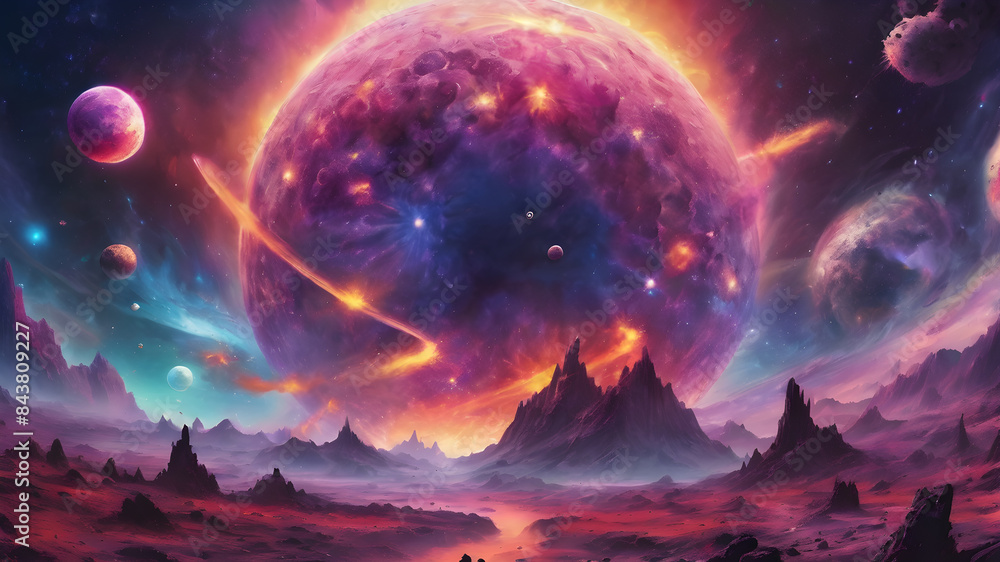 Fictional wallpaper of the space full of planets, stars and solar clouds which designed in many colors and random shapes and placements, Alien sunset view, mysterious landscape, Exploding galaxy Fictional wallpaper of the space full of planets, stars and solar clouds which designed in many colors and random shapes and placements, Alien sunset view, mysterious landscape, Exploding galaxy