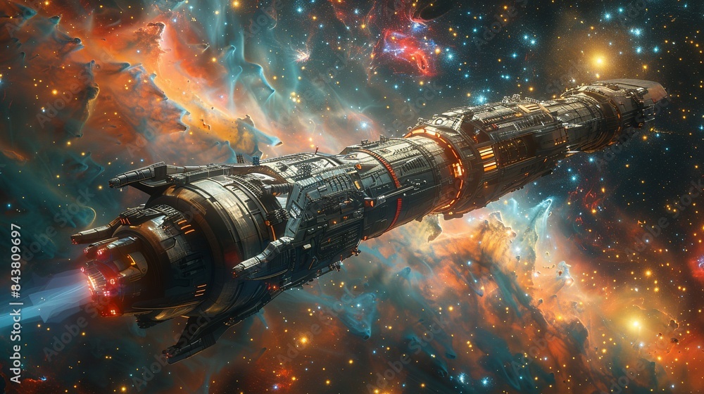 An interstellar spaceship traveling through the cosmos, with a sleek design, a panoramic view of distant galaxies and nebulae through large windows, and a crew of diverse alien species. Clipart An interstellar spaceship traveling through the cosmos, with a sleek design, a panoramic view of distant galaxies and nebulae through large windows, and a crew of diverse alien species. Clipart