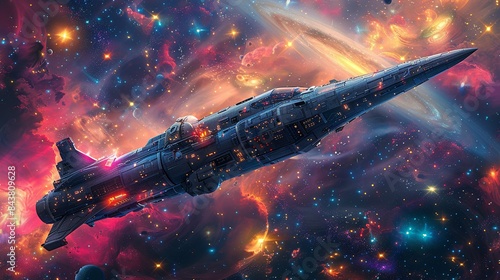 Fototapeta Naklejka Na Ścianę i Meble -  An interstellar spaceship traveling through the cosmos, with a sleek design, a panoramic view of distant galaxies and nebulae through large windows, and a crew of diverse alien species. Clipart