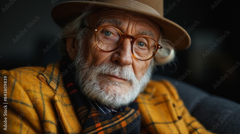 Despite the face being obscured, the image captures an elderly person dressed in a fashionable hat and warm colorful clothes Despite the face being obscured, the image captures an elderly person dressed in a fashionable hat and warm colorful clothes