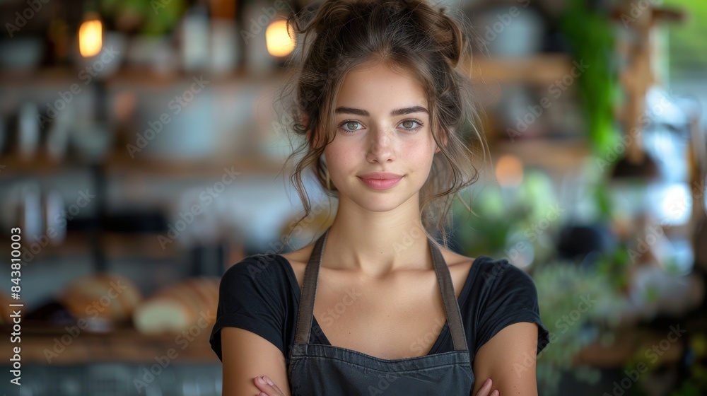 Charming young waitress in apron smiling in a cozy bakery background Charming young waitress in apron smiling in a cozy bakery background