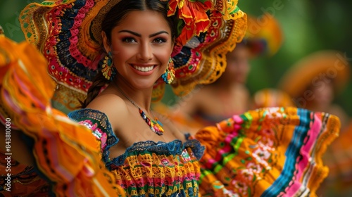A vibrant Mexican dancer adorned in traditional colorful attire, radiating cultural pride and joy