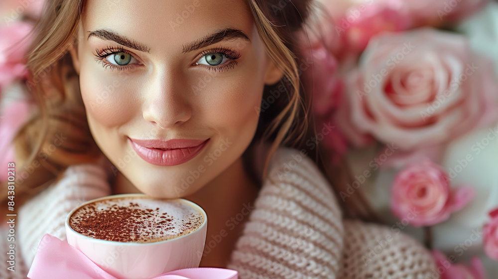 Beautiful woman with blue eyes smiling while holding a cup of cappuccino. Generated by AI. Beautiful woman with blue eyes smiling while holding a cup of cappuccino. Generated by AI.