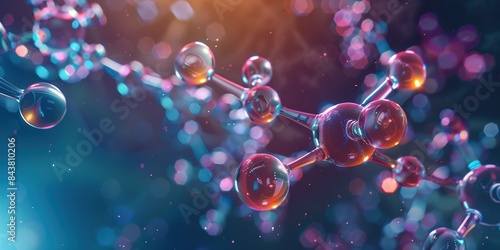 3d rendering of an abstract background with multiple metal molecule structures on blue and orange gradient backdrop. In the foreground, there is closeup of chrome crystal molecules 