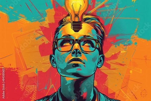 A creative pop art style illustration of a person with a light bulb above their head signifying a brilliant idea The image uses vibrant colors and bold lines to emphasize the moment of inspiration