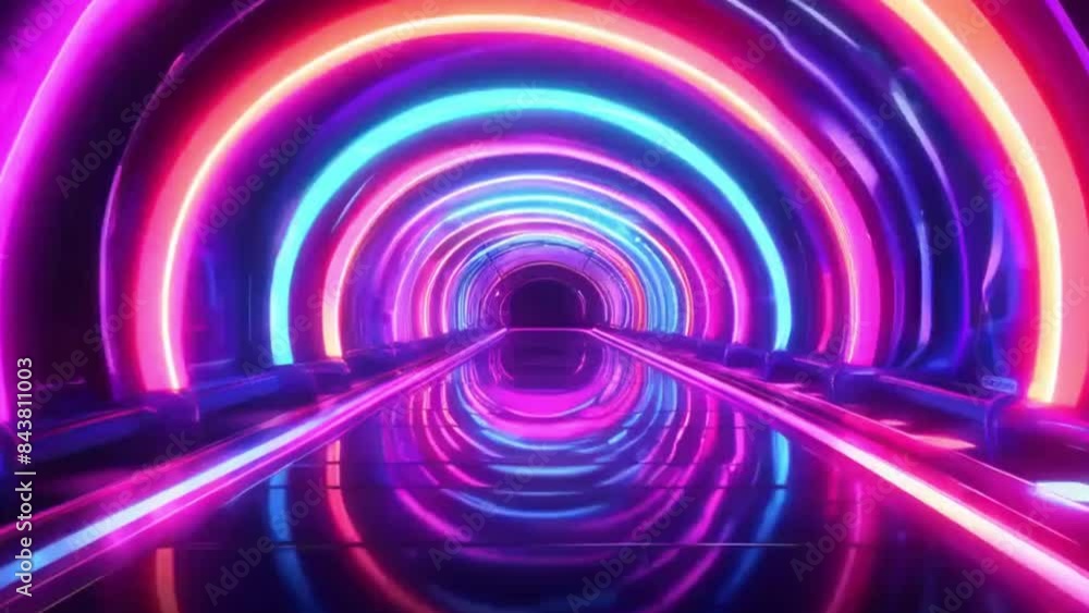 An animation depicting a high-quality neon tunnel. It visualizes a journey through a tunnel lined with neon lights, creating a sense of movement and depth with vibrant colors and reflections. An animation depicting a high-quality neon tunnel. It visualizes a journey through a tunnel lined with neon lights, creating a sense of movement and depth with vibrant colors and reflections.
