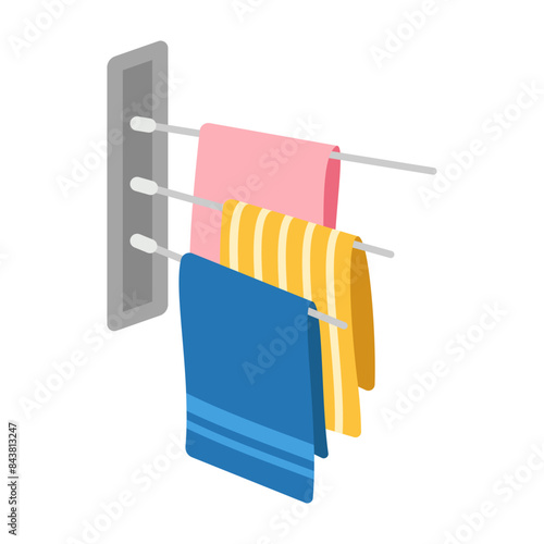 Towels. Cartoon terry cloth hanging on holder, rolled napkin and handkerchief in stack. Kitchen or bathroom hygienic fluffy fabric for wiping. Colorful domestic dishtowel. Vector textile toiletry