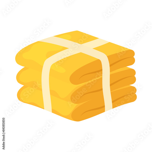 Towels. Cartoon terry cloth hanging on holder, rolled napkin and handkerchief in stack. Kitchen or bathroom hygienic fluffy fabric for wiping. Colorful domestic dishtowel. Vector textile toiletry
