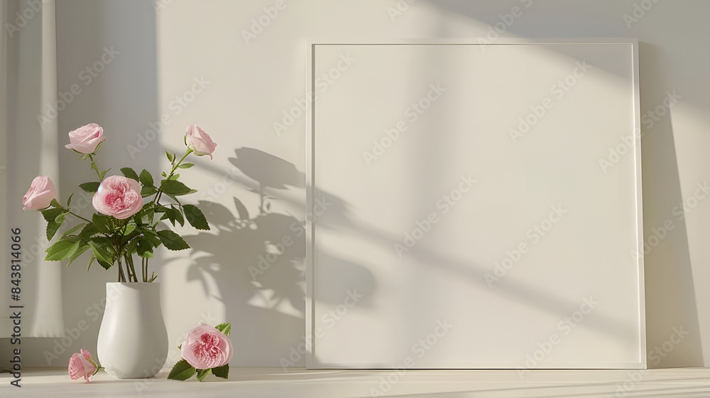 A frame with a copy space or for a mockup on the wall in a cozy apartment in a simple minimalist style ,Bright light grey room hosts white frame blank canvas and spring red tulip flowers in vase A frame with a copy space or for a mockup on the wall in a cozy apartment in a simple minimalist style ,Bright light grey room hosts white frame blank canvas and spring red tulip flowers in vase