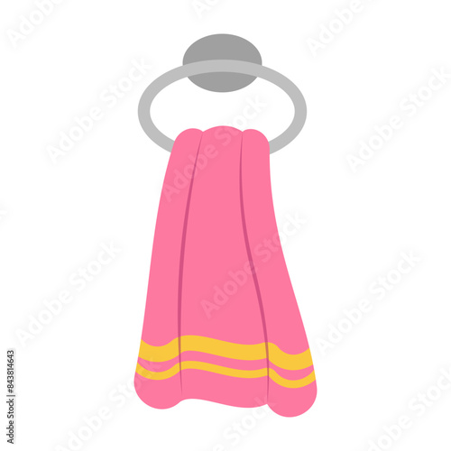 Towels. Cartoon terry cloth hanging on holder, rolled napkin and handkerchief in stack. Kitchen or bathroom hygienic fluffy fabric for wiping. Colorful domestic dishtowel. Vector textile toiletry