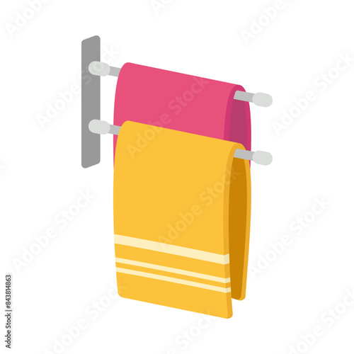 Towels. Cartoon terry cloth hanging on holder, rolled napkin and handkerchief in stack. Kitchen or bathroom hygienic fluffy fabric for wiping. Colorful domestic dishtowel. Vector textile toiletry