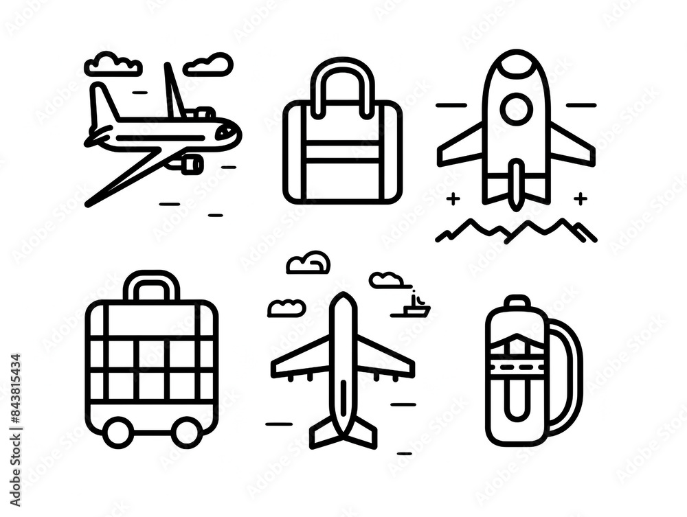 Black outline icon of the travel icon isolated on white background. Black outline icon of the travel icon isolated on white background.