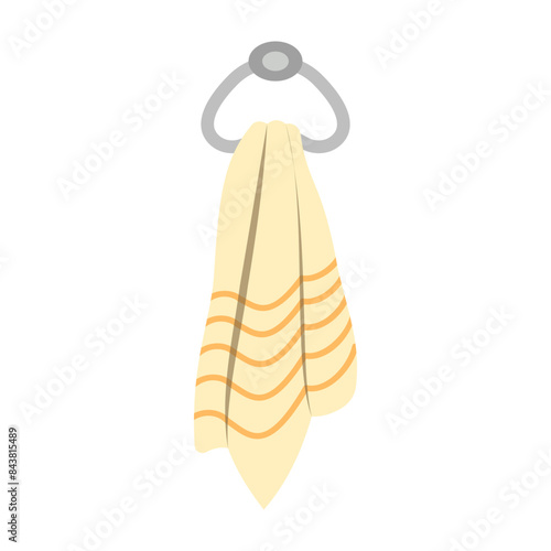 Towels. Cartoon terry cloth hanging on holder, rolled napkin and handkerchief in stack. Kitchen or bathroom hygienic fluffy fabric for wiping. Colorful domestic dishtowel. Vector textile toiletry