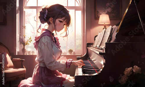 窓辺の旋律：ピアノを奏でるアニメ少女の画像 photo