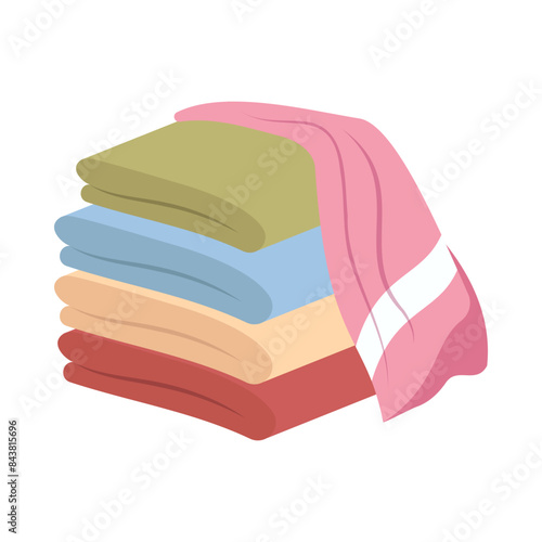 Towels. Cartoon terry cloth hanging on holder, rolled napkin and handkerchief in stack. Kitchen or bathroom hygienic fluffy fabric for wiping. Colorful domestic dishtowel. Vector textile toiletry
