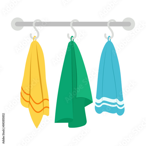 Towels. Cartoon terry cloth hanging on holder, rolled napkin and handkerchief in stack. Kitchen or bathroom hygienic fluffy fabric for wiping. Colorful domestic dishtowel. Vector textile toiletry