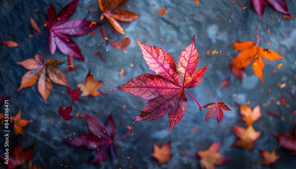Vibrant Autumn Leaves in Motion on a Dark Background Capturing the Essence of Fall with Rich Red, Orange, and Purple Hues Vibrant Autumn Leaves in Motion on a Dark Background Capturing the Essence of Fall with Rich Red, Orange, and Purple Hues