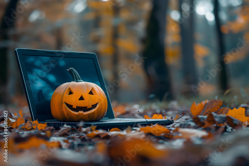 pumpkin face on a laptop on autumn leaf drop outdoor season background ,  outdoor web user tech concept with halloween 