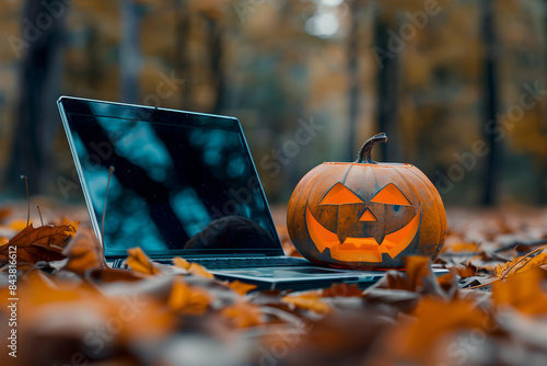halloween pumpkin with a laptop on autumn leaf drop outdoor background 